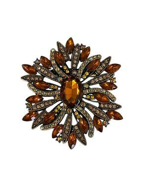 Vintage Amber Rhinestone Brooch Statement Pin Gold Tone AB Crystal 2.5”